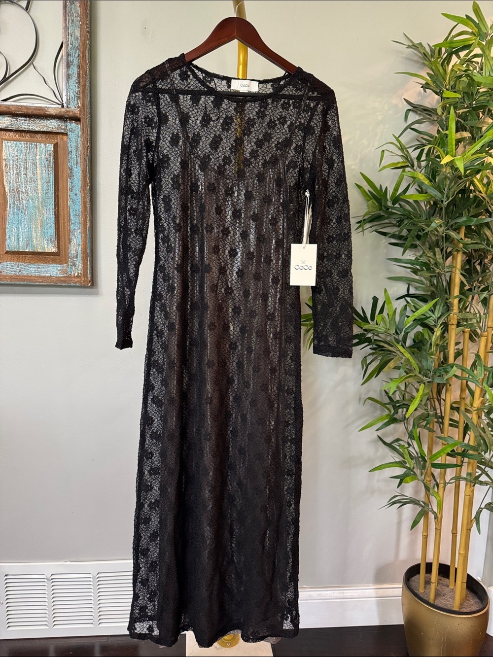 CeCe Black Sheer Lace Long Sleeve metallic gold 2 piece Maxi Dress NEW S